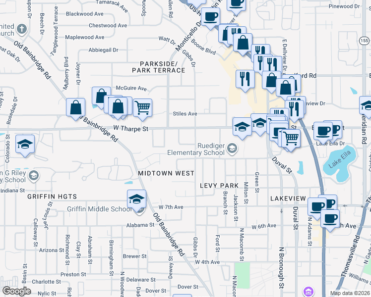 map of restaurants, bars, coffee shops, grocery stores, and more near 704 Monticello Drive in Tallahassee