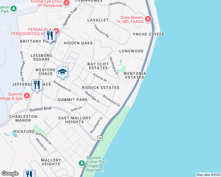 map of restaurants, bars, coffee shops, grocery stores, and more near 3549 Riddick Drive in Pensacola