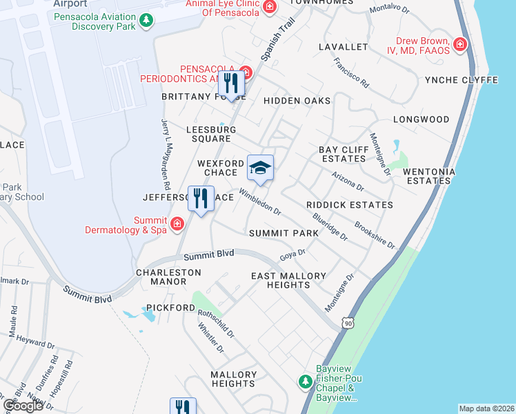 map of restaurants, bars, coffee shops, grocery stores, and more near 3505 Wimbledon Drive in Pensacola
