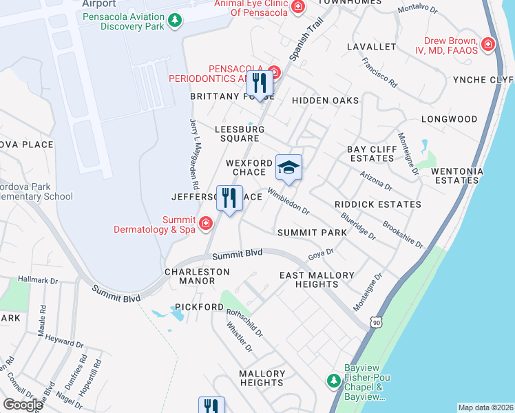 map of restaurants, bars, coffee shops, grocery stores, and more near 4050 Claiborne Circle in Pensacola