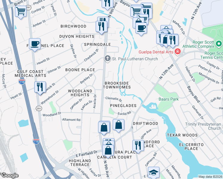 map of restaurants, bars, coffee shops, grocery stores, and more near 4219 Brookside Drive in Pensacola