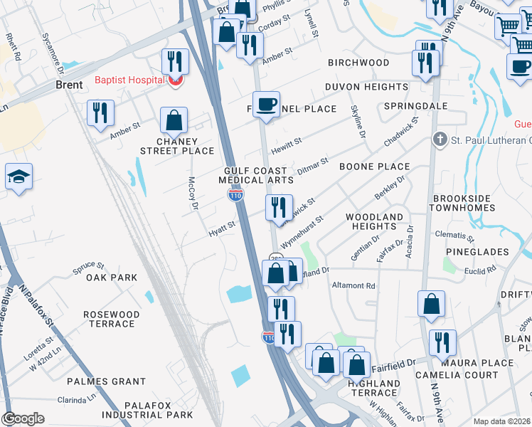 map of restaurants, bars, coffee shops, grocery stores, and more near 4412 North Davis Highway in Pensacola