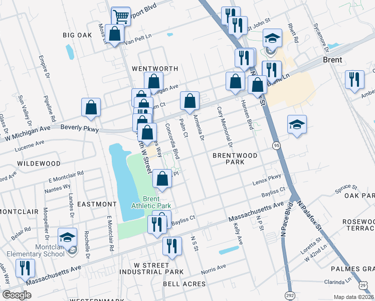 map of restaurants, bars, coffee shops, grocery stores, and more near 492 Concordia Boulevard in Pensacola