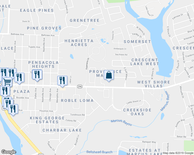 map of restaurants, bars, coffee shops, grocery stores, and more near 5839 Providence Loop in Pensacola