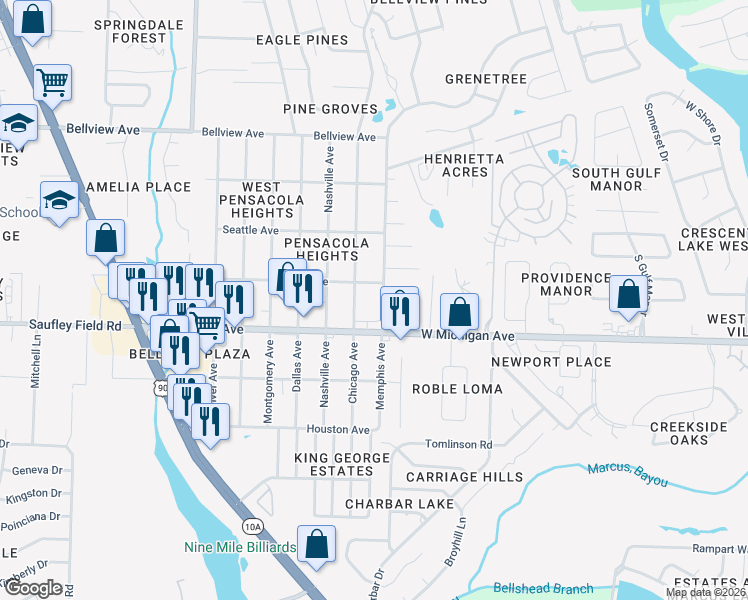 map of restaurants, bars, coffee shops, grocery stores, and more near 6025 Memphis Avenue in Pensacola
