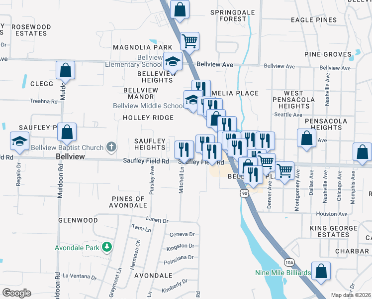 map of restaurants, bars, coffee shops, grocery stores, and more near 4528 Saufley Field Road in Pensacola