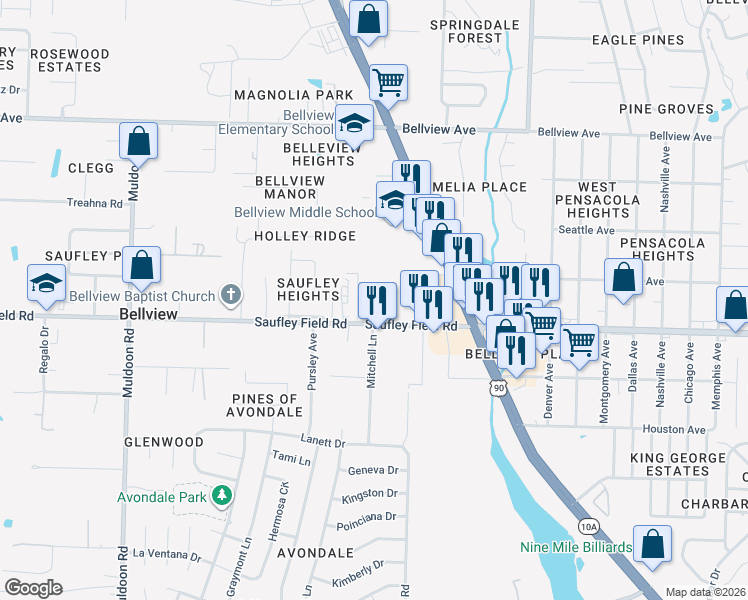 map of restaurants, bars, coffee shops, grocery stores, and more near 4608 Saufley Field Road in Pensacola