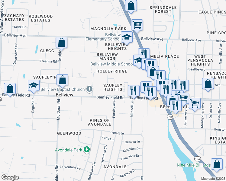 map of restaurants, bars, coffee shops, grocery stores, and more near 9 Glynquist Avenue in Pensacola