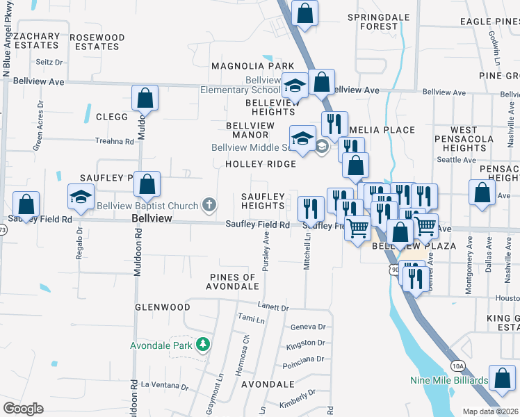map of restaurants, bars, coffee shops, grocery stores, and more near 1 Parda Boulevard in Pensacola