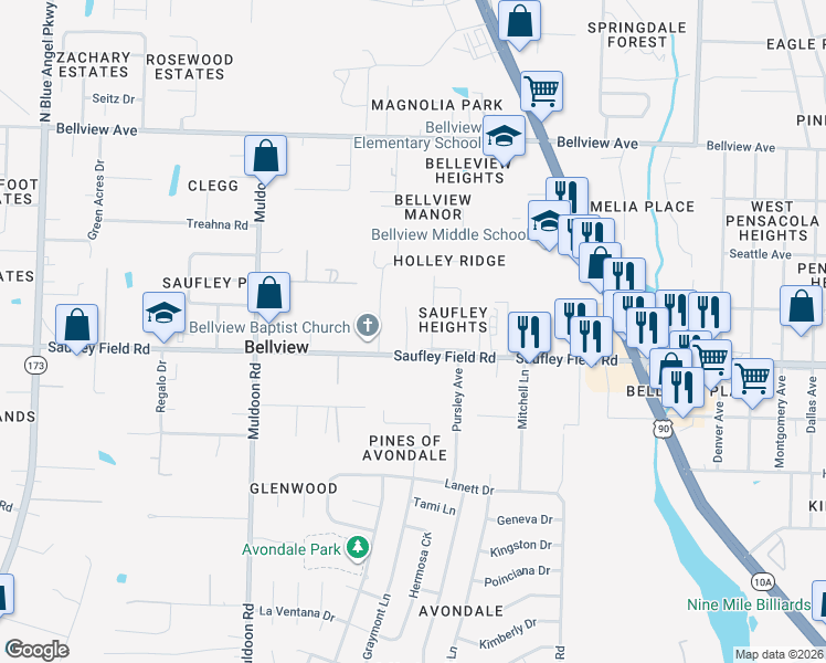 map of restaurants, bars, coffee shops, grocery stores, and more near 1 Parda Boulevard in Pensacola