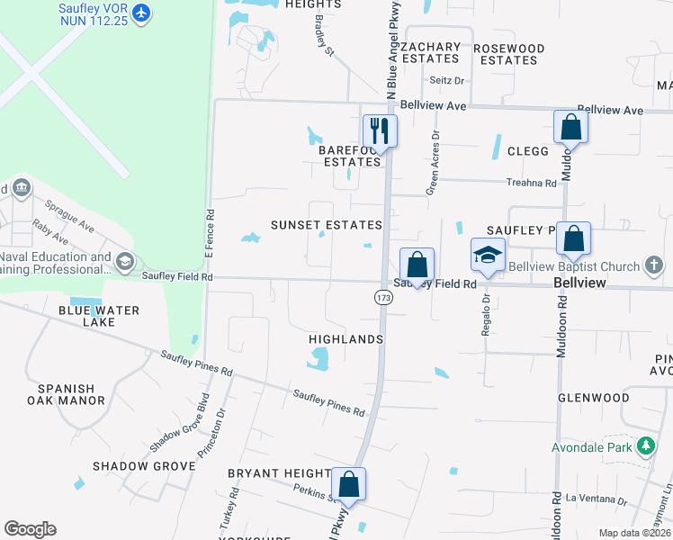 map of restaurants, bars, coffee shops, grocery stores, and more near 6240 Suntan Circle in Pensacola