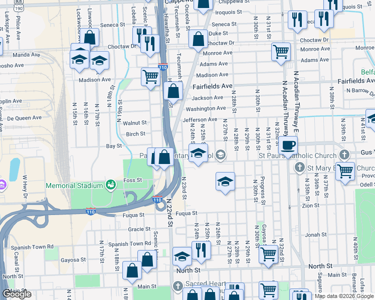 map of restaurants, bars, coffee shops, grocery stores, and more near 2416 Cherry Street in Baton Rouge