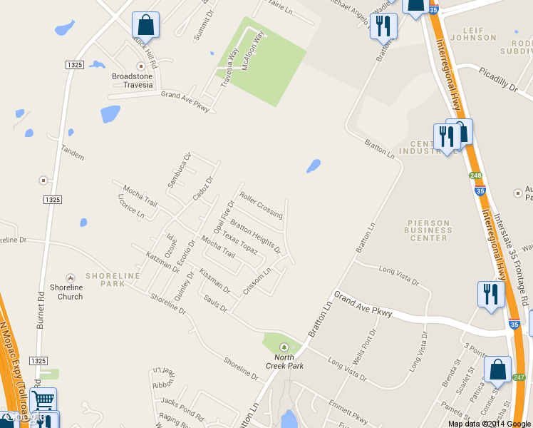 map of restaurants, bars, coffee shops, grocery stores, and more near 3409 Roller Crossing in Austin