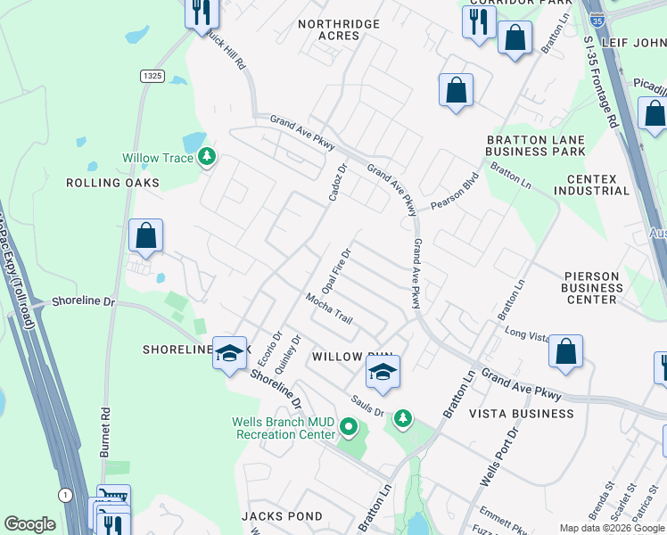 map of restaurants, bars, coffee shops, grocery stores, and more near 15636 Opal Fire Drive in Austin
