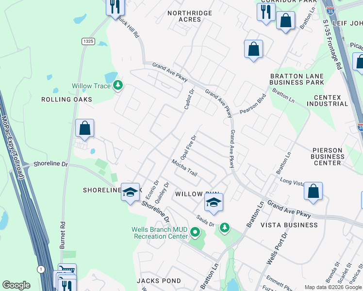 map of restaurants, bars, coffee shops, grocery stores, and more near 15636 Opal Fire Drive in Austin