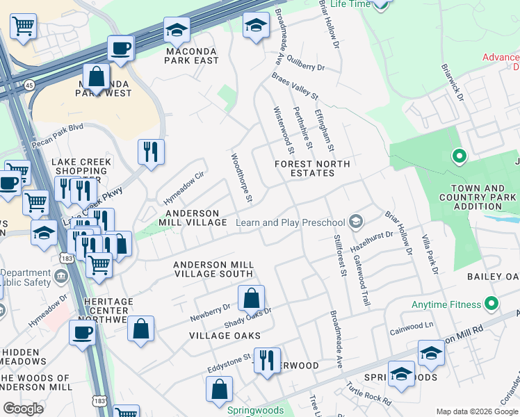 map of restaurants, bars, coffee shops, grocery stores, and more near 9613 Moorberry Street in Austin