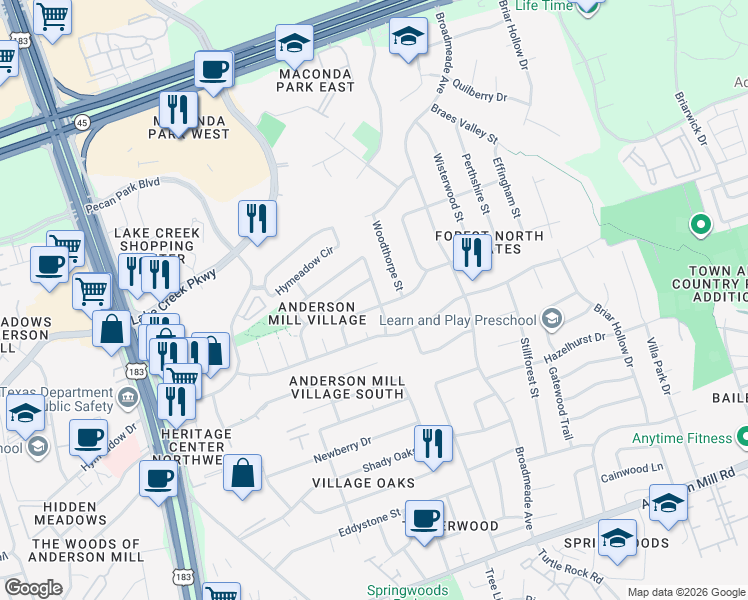 map of restaurants, bars, coffee shops, grocery stores, and more near 9702 Moorberry Street in Austin