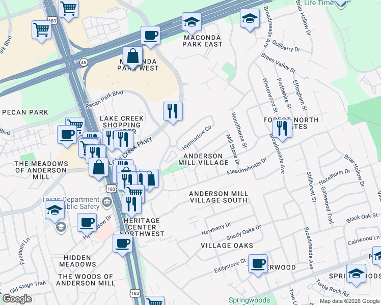 map of restaurants, bars, coffee shops, grocery stores, and more near 13183 Mill Stone Drive in Austin
