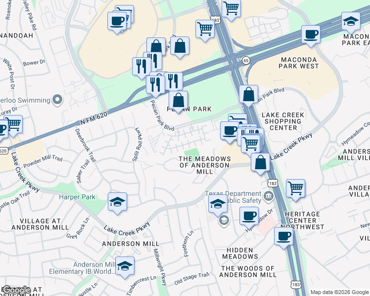 map of restaurants, bars, coffee shops, grocery stores, and more near 12504 Pranav Lane in Austin