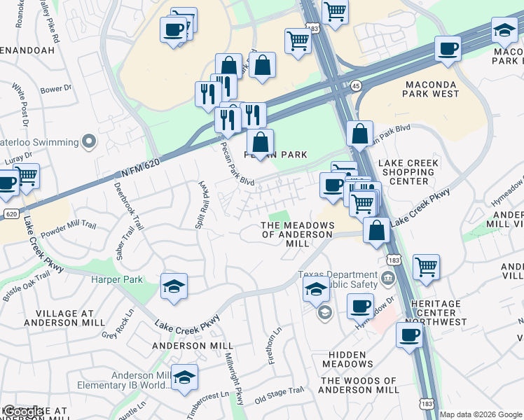 map of restaurants, bars, coffee shops, grocery stores, and more near 12504 Pranav Lane in Austin