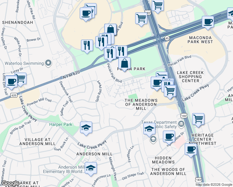 map of restaurants, bars, coffee shops, grocery stores, and more near 10901 Vetters in Austin