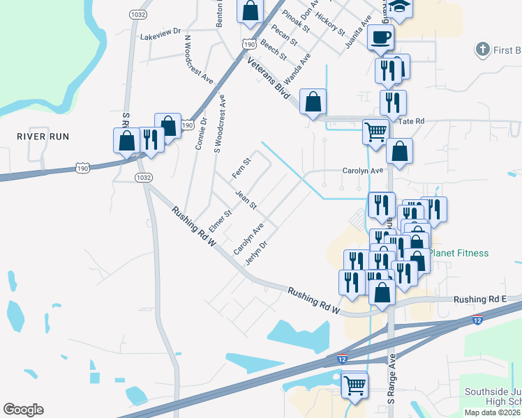 map of restaurants, bars, coffee shops, grocery stores, and more near 2048 Falconcrest Drive in Denham Springs