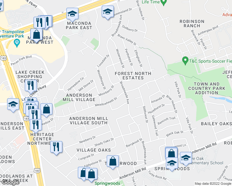map of restaurants, bars, coffee shops, grocery stores, and more near 9506 Meadowheath Drive in Austin