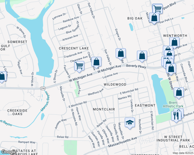 map of restaurants, bars, coffee shops, grocery stores, and more near 910 Lucerne Avenue in Pensacola