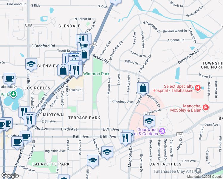 map of restaurants, bars, coffee shops, grocery stores, and more near 1548 Lee Avenue in Tallahassee