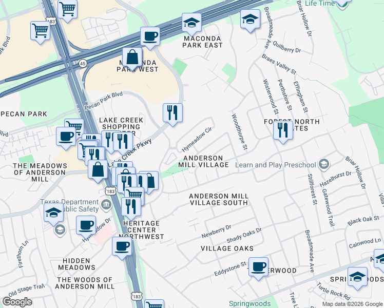 map of restaurants, bars, coffee shops, grocery stores, and more near 13183 Mill Stone Drive in Austin