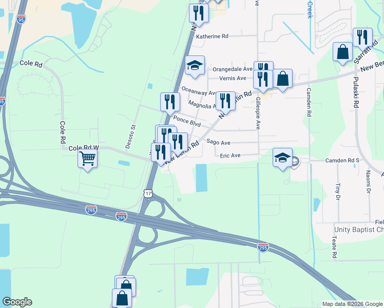 map of restaurants, bars, coffee shops, grocery stores, and more near 213 Holly Court in Jacksonville