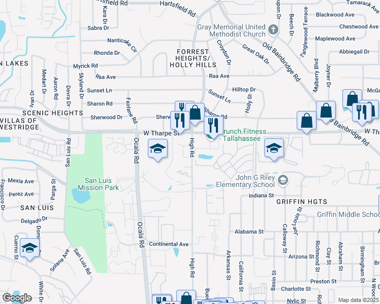 map of restaurants, bars, coffee shops, grocery stores, and more near 1560 High Road in Tallahassee