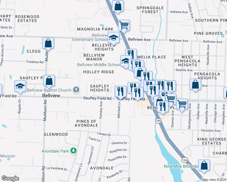map of restaurants, bars, coffee shops, grocery stores, and more near 4608 Saufley Field Road in Pensacola