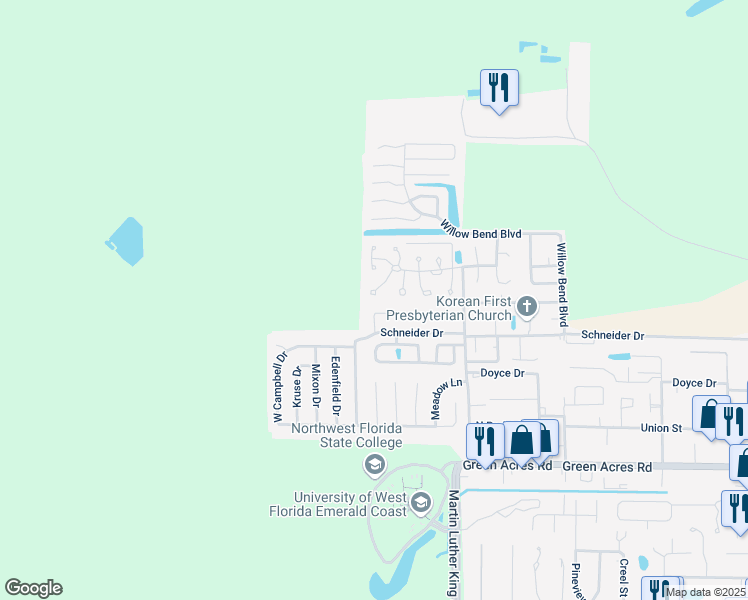 map of restaurants, bars, coffee shops, grocery stores, and more near 2019 Woodfern Path in Fort Walton Beach