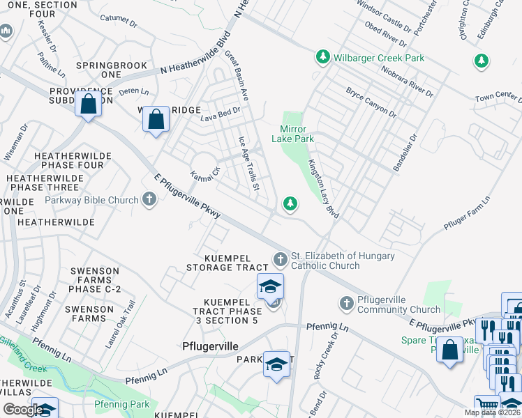 map of restaurants, bars, coffee shops, grocery stores, and more near 617 North Cascades Avenue in Pflugerville