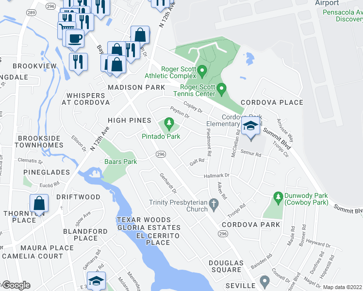 map of restaurants, bars, coffee shops, grocery stores, and more near 131 Kenilworth Road in Pensacola