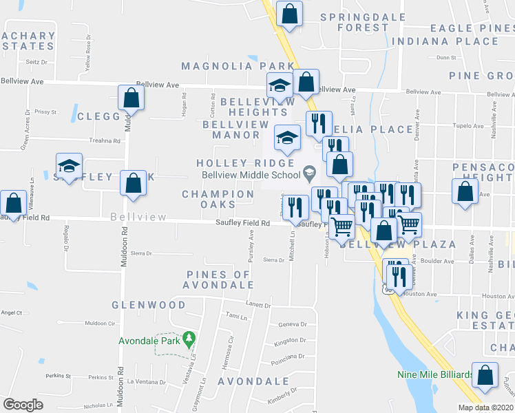 map of restaurants, bars, coffee shops, grocery stores, and more near 9 Glynquist Avenue in Pensacola