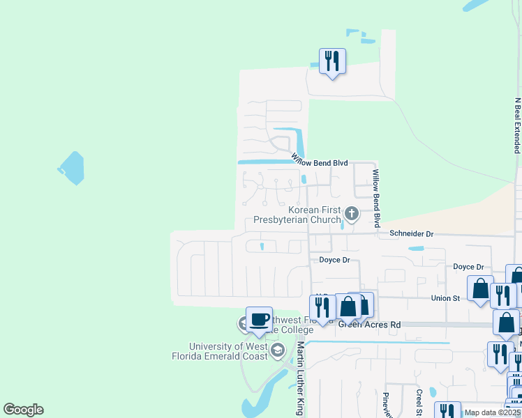 map of restaurants, bars, coffee shops, grocery stores, and more near 422 Joellen Lane in Fort Walton Beach
