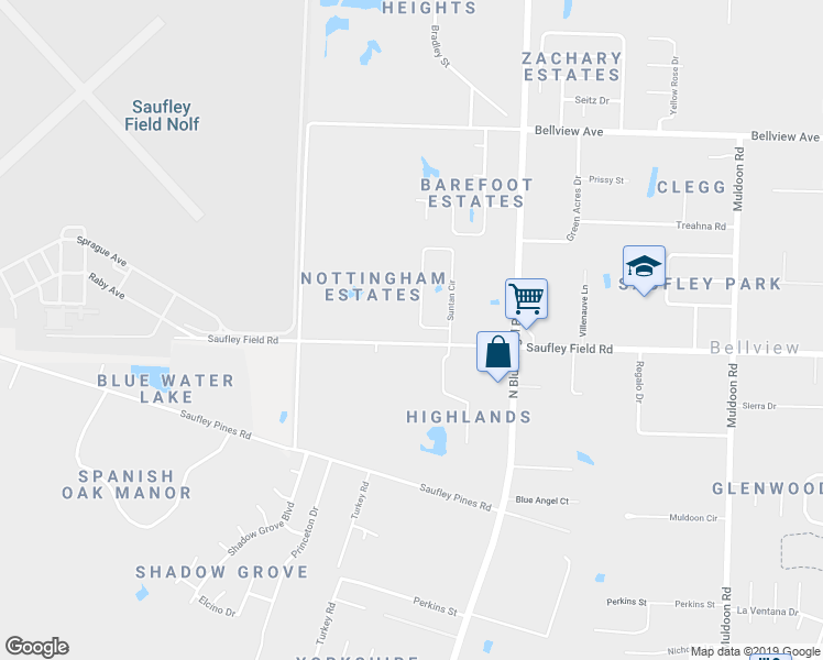 map of restaurants, bars, coffee shops, grocery stores, and more near 6210 Suntan Circle in Pensacola