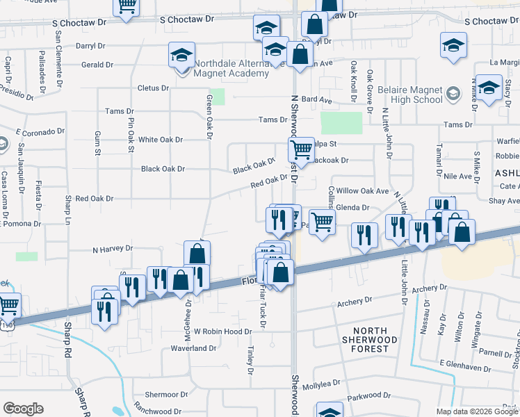 map of restaurants, bars, coffee shops, grocery stores, and more near 1462 Marcia Drive in Baton Rouge