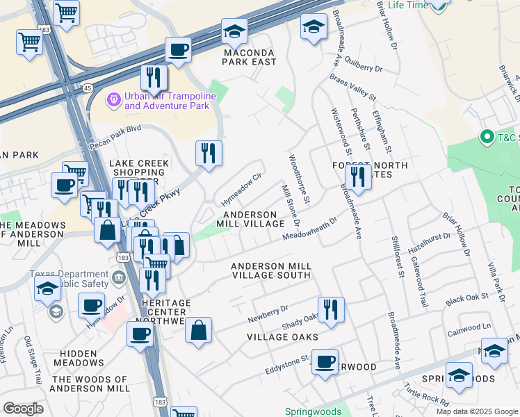 map of restaurants, bars, coffee shops, grocery stores, and more near 9718 Anderson Village Drive in Austin