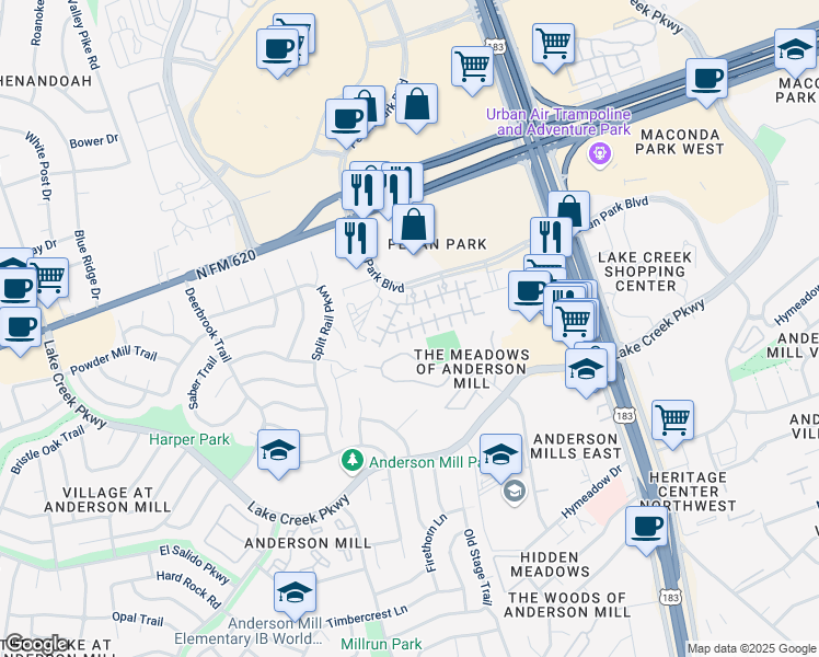 map of restaurants, bars, coffee shops, grocery stores, and more near Pranav Lane in Austin