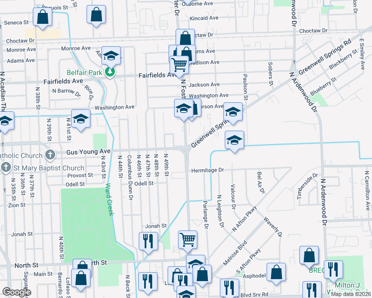 map of restaurants, bars, coffee shops, grocery stores, and more near 5100 Greenwell Springs Road in Baton Rouge