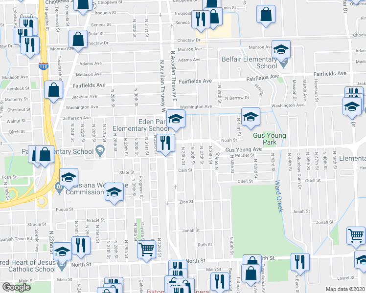 map of restaurants, bars, coffee shops, grocery stores, and more near 1554 North 35th Street in Baton Rouge