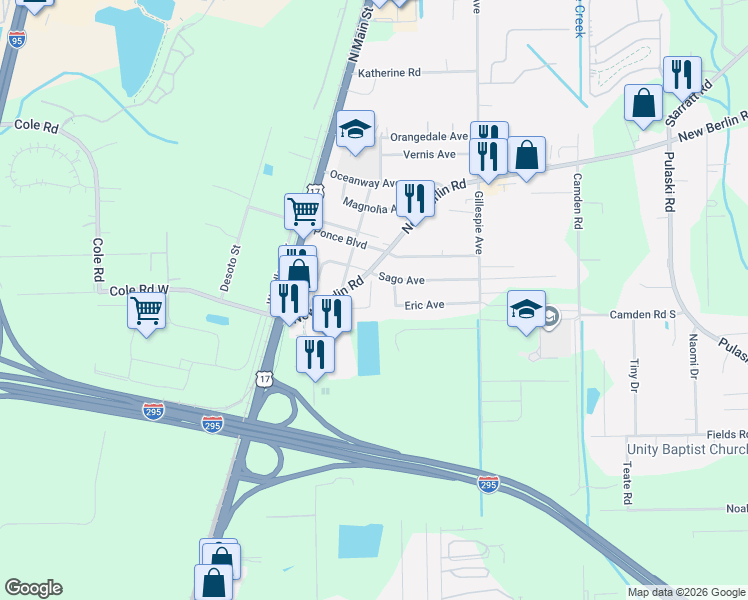 map of restaurants, bars, coffee shops, grocery stores, and more near 12416 Eric Avenue in Jacksonville