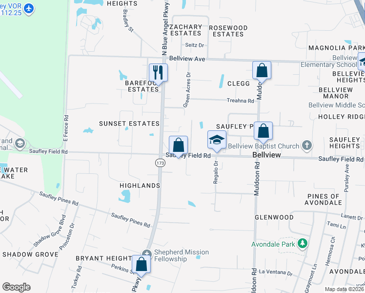 map of restaurants, bars, coffee shops, grocery stores, and more near 5418 Saufley Field Road in Pensacola