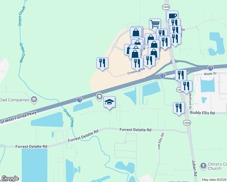 map of restaurants, bars, coffee shops, grocery stores, and more near Interstate 12 in Denham Springs