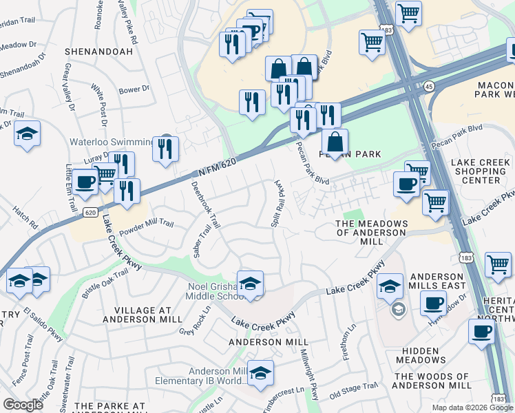 map of restaurants, bars, coffee shops, grocery stores, and more near 12403 Burlywood Trail in Austin