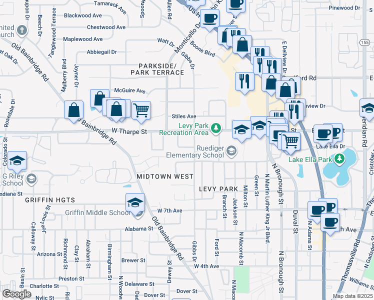 map of restaurants, bars, coffee shops, grocery stores, and more near 704 Monticello Drive in Tallahassee