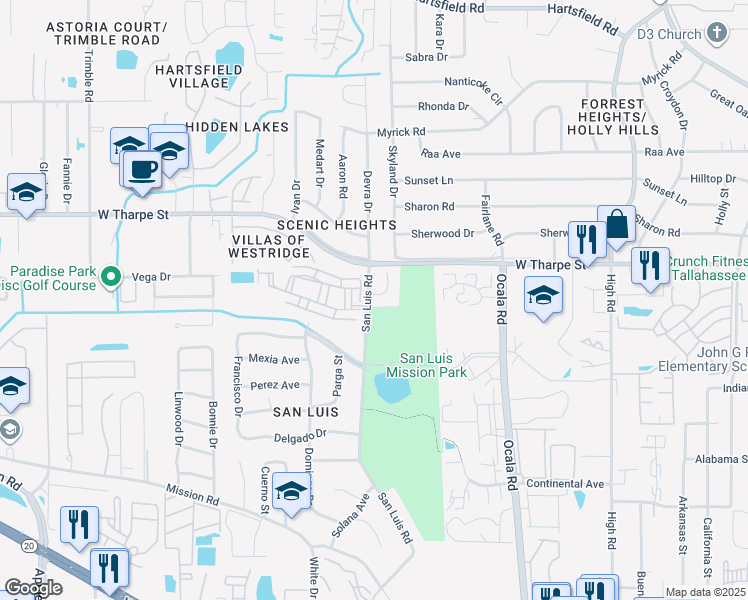 map of restaurants, bars, coffee shops, grocery stores, and more near 1541 San Luis Road in Tallahassee